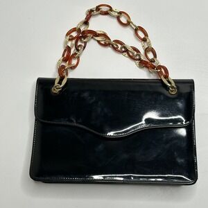 Verdi Womens Chainlink Handle Snap Flap Shoulder Handbag Black Leather Purse USA